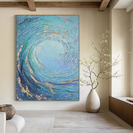 “Blue, Green, Gold Swirling Vortex ‘Oceanic Energy’” - Impasto Sea - Inspired Painting On Canvas DTP332