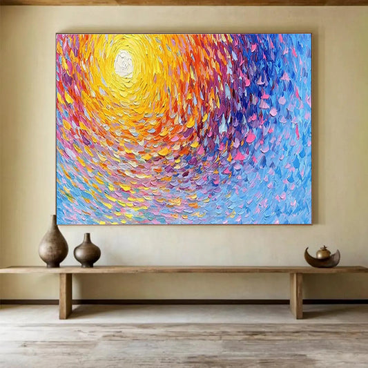 Colorful Spiral Sun - Yellow, Orange & Blue Abstract Painting On Canvas DKH881