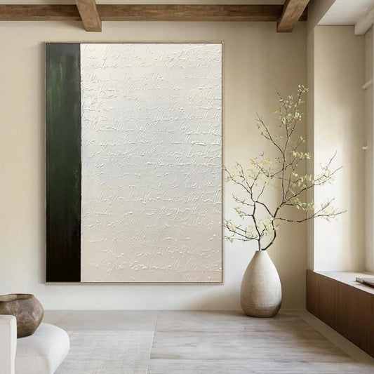 “Textured Script & Green” - White Calligraphy & Green Panel Painting On Canvas DKH1181