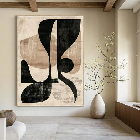 Beige - Black Abstract Shapes - Modern Abstract Collage - like Painting CT1420