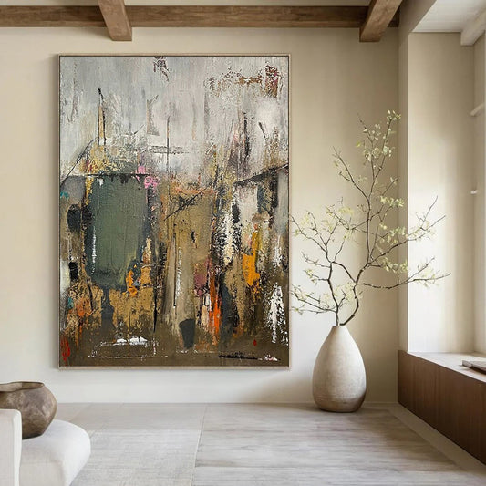 “Urban Abstract Layers” - Gray, Green, Orange & Pink Abstract Cityscape Painting DKH1038