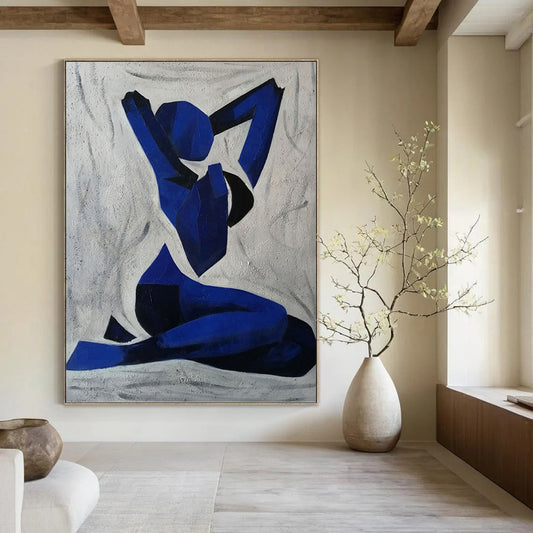 “Blue Figure” - Geometric Blue and Black Abstract Figure Painting On Canvas DKH1568