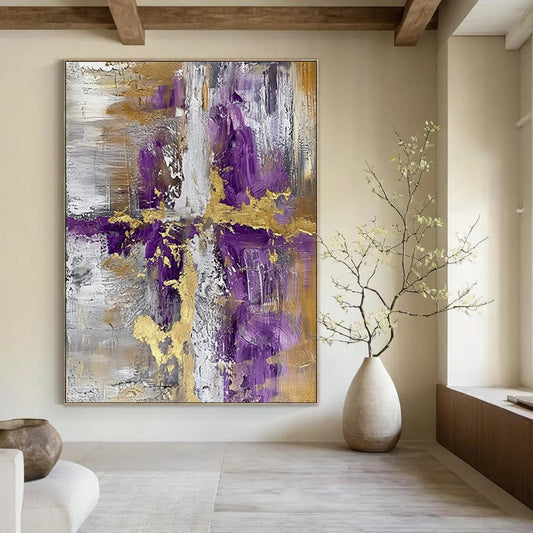 “Purple - Gold Geometric Abstraction” - Modernist Abstract Painting On Canvas DTP135