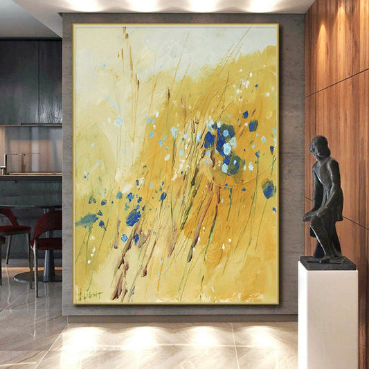 Yellow Field with Blue Blooms, "Sunny Meadow" - Impressionistic Abstract Painting CT0707