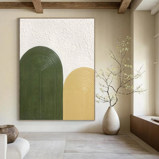 “Olive & Mustard Arches” - Green & Yellow Textured Curves Painting On Canvas DKH1176