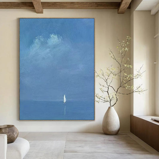 “Distant Voyage: Tiny Sail on Vast Blue” - Abstract Nautical Oil on Canvas CT1879