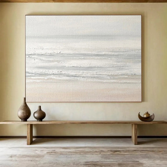“Minimalist Seaside”:Subtle Gray White Coastal Painting On Canvas DKH258