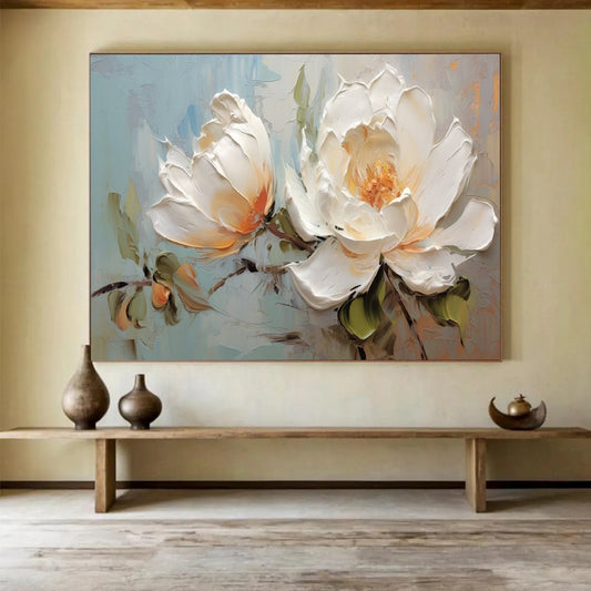 White Peonies with Textured Petals - Impasto Floral Painting On Canvas DLZ174