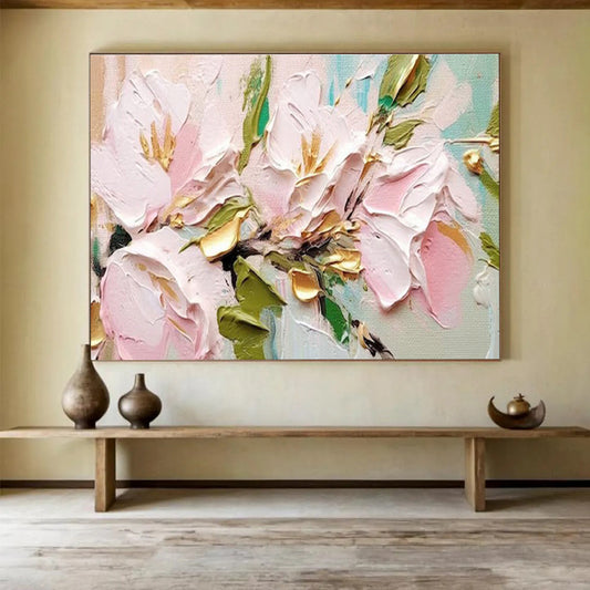 “Pink Flowers with Gold Accents”:Textured Floral Painting On Canvas DKH253
