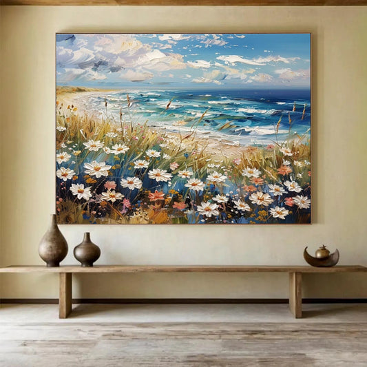 “Seaside Wildflowers”:Impasto Coastal Landscape Painting On Canvas DKH255