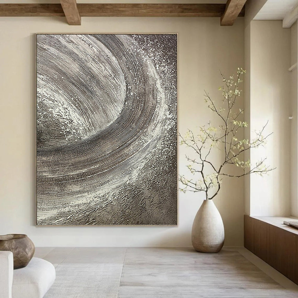 “Silver Swirl” - Gray & White Textured Abstract Circles Painting On Canvas DKH1542