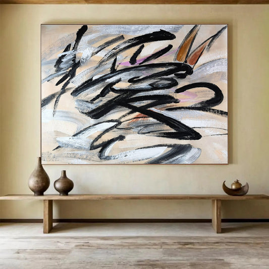 Dynamic Black and Gray Brushstroke Painting On Canvas DKH289