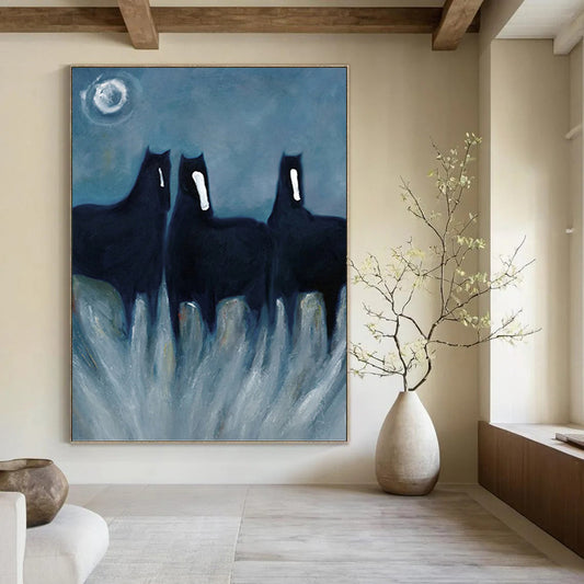 Mystical Black Horses in Tall Grass - Equine Painting On Canvas DKH1444