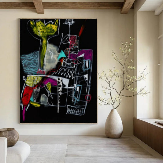“Dark Abstract Sketch” - Neon, White, Black Expressive Drawing Painting On Canvas DTP294