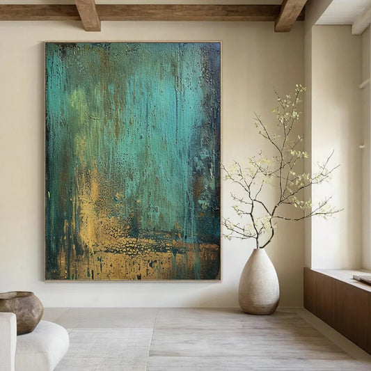 “Teal & Gold Rustic Textures” - Teal, Green, Brown & Gold Abstract Textured Painting On Canvas DKH1194