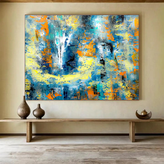 “Azure & Amber Abstract Odyssey” - Blue, Yellow & Orange Abstract Expressionist Painting On Canvas DKH924