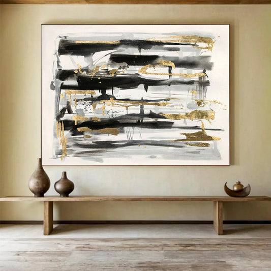 “Black, Gray, and Gold Abstract” - Sophisticated Abstract Painting On Canvas DKH846