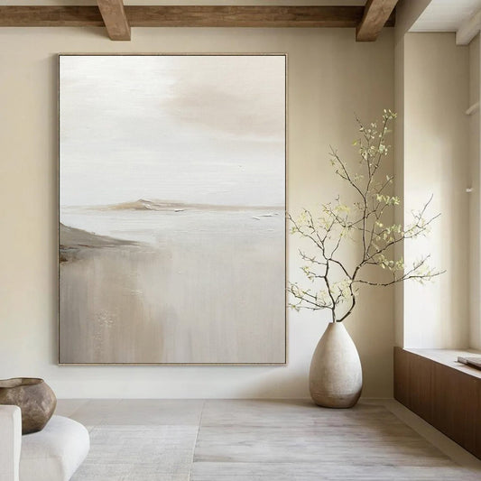 “White, Beige Subtle Landscape ‘Foggy Serenity’” - Impasto Landscape Painting On Canvas DTP359