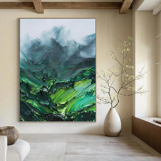 “Green Mountain Impasto” - Green, Teal & Gray Textured Landscape Painting On Canvas DKH0944