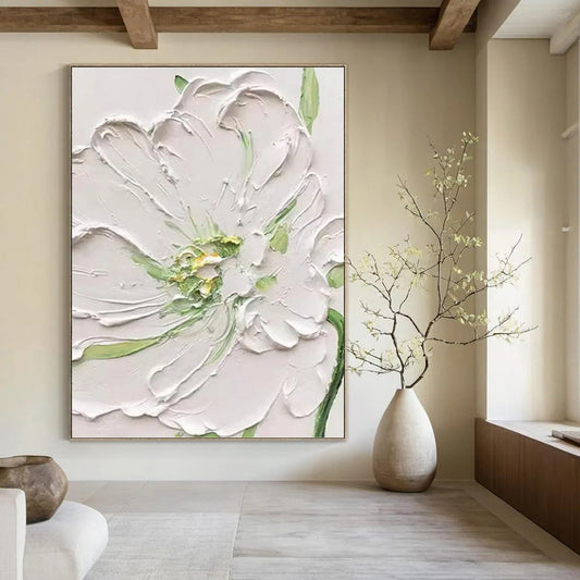 White Flower with Green Accents - Textured Floral Painting On Canvas DKH1398