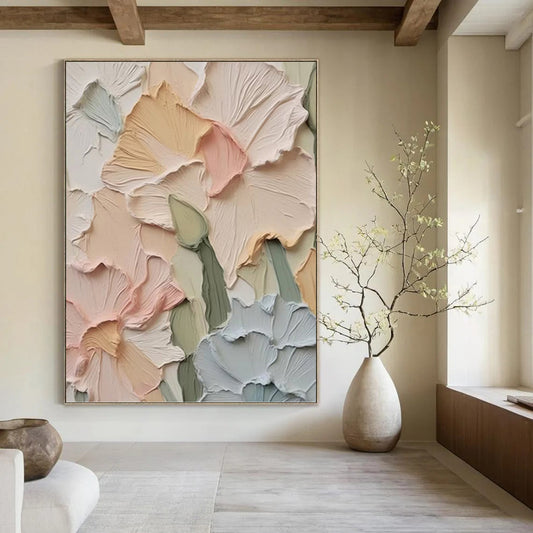 Soft - Toned Floral Relief - Impasto Flower Painting On Canvas DKH1393