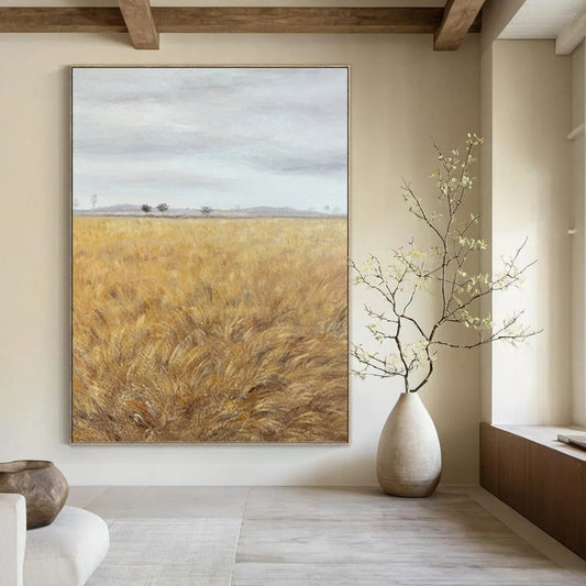 Golden Field Under Gray Sky - Landscape Painting On Canvas DKH1434