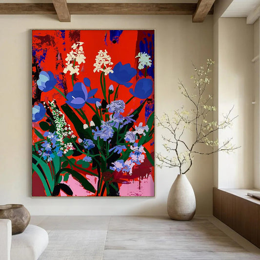 “Blue - White Flowers on Red” - Pop Art - Inspired Floral Painting On Canvas DTP101