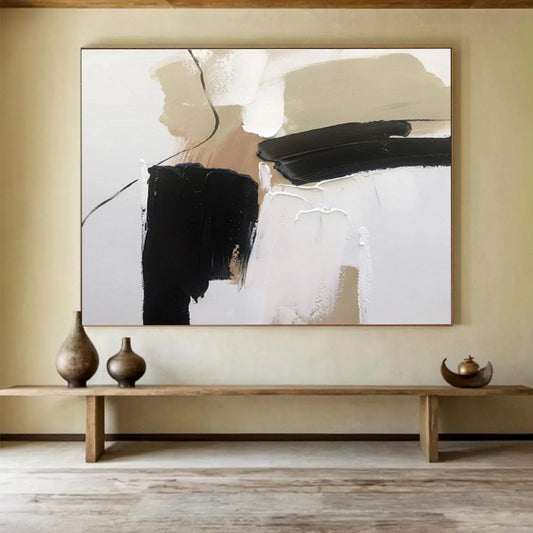 Minimalist Black and Beige Abstract Painting On Canvas DKH313