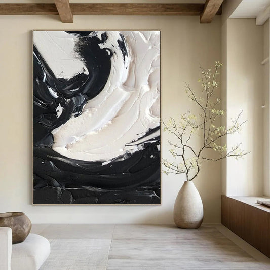 “Black, White Swirl ‘Powerful Balance’” - Impasto Abstract Painting On Canvas DTP385