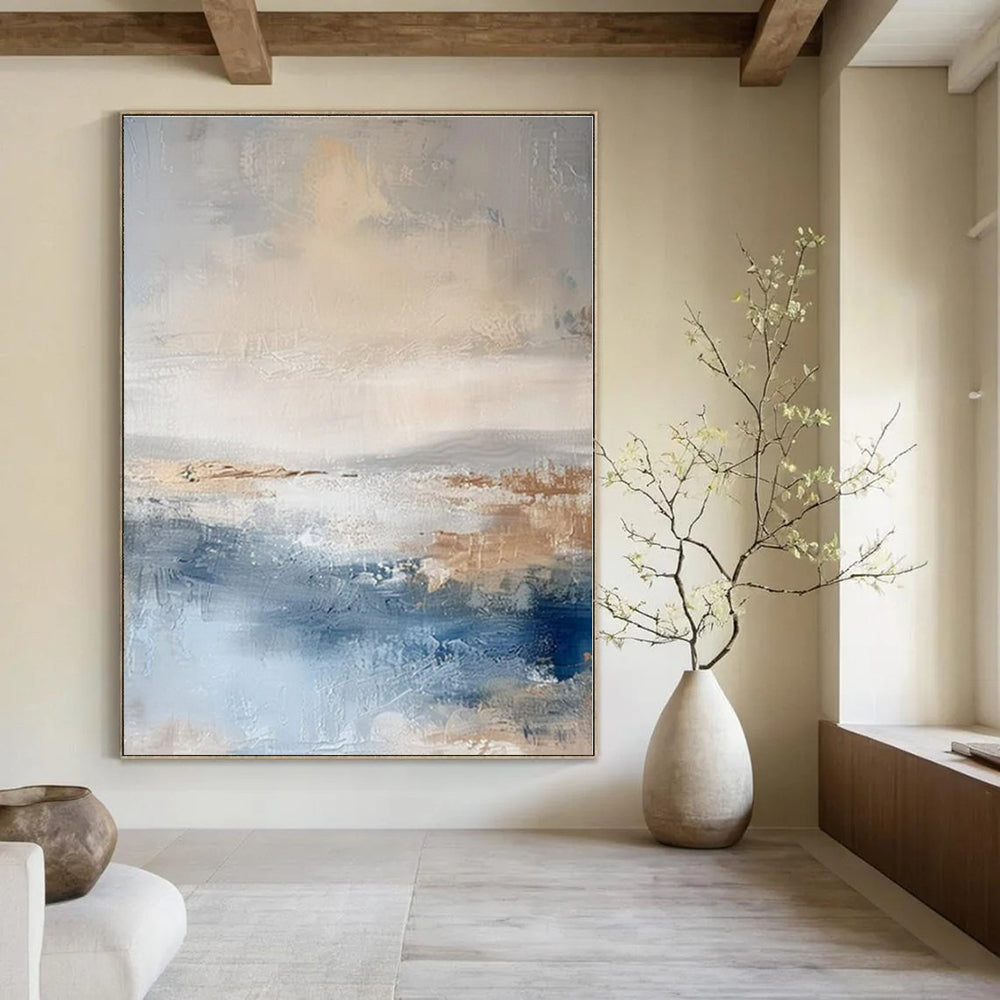 Soft Blue & Brown Abstraction - Abstract Minimalist Acrylic On Canvas CT1340