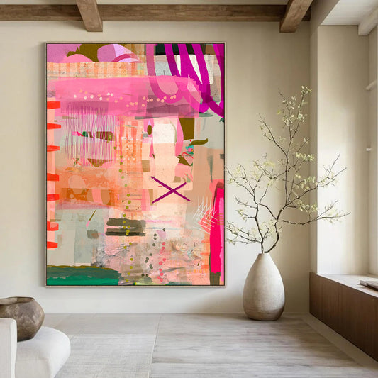 Pink, Orange, Playful Patterns - "Pink Pop Fiesta" - Abstract Mixed - media Art CT1816