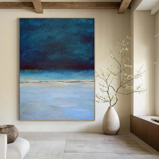 “Deep Blue Coastal Stillness” - Blue, Teal & Gray Seascape Painting On Canvas DKH0938