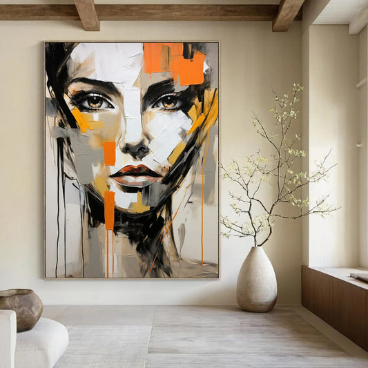 “Abstract Face” - Gray, Orange & Black Portrait Painting On Canvas CT2215