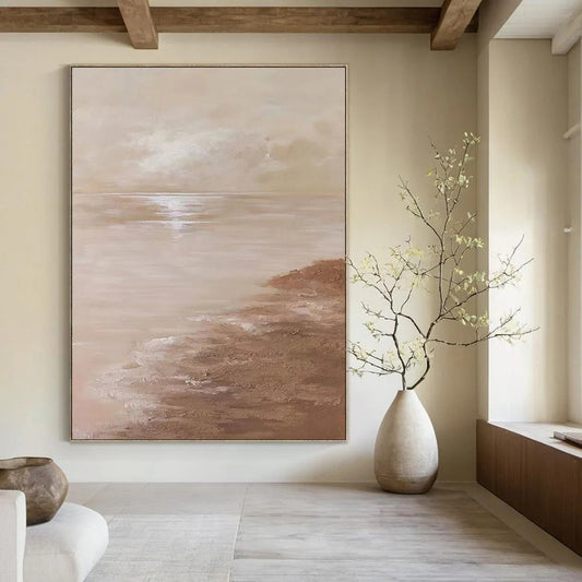 “Beige, Brown Serene Sea ‘Tranquil Horizon’” - Impasto Seaside Painting On Canvas DTP341
