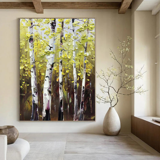 Sunlit Birch Forest in Green and Yellow - Landscape Painting On Canvas DKH1282