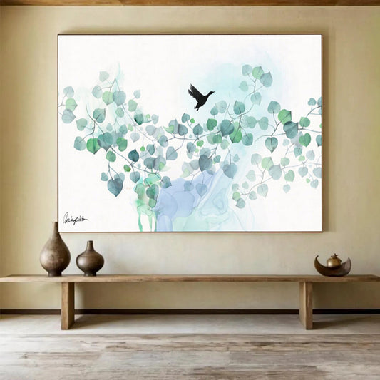 “Minimalist Bird and Foliage” Watercolor - Style Nature Painting On Canvas DKH539
