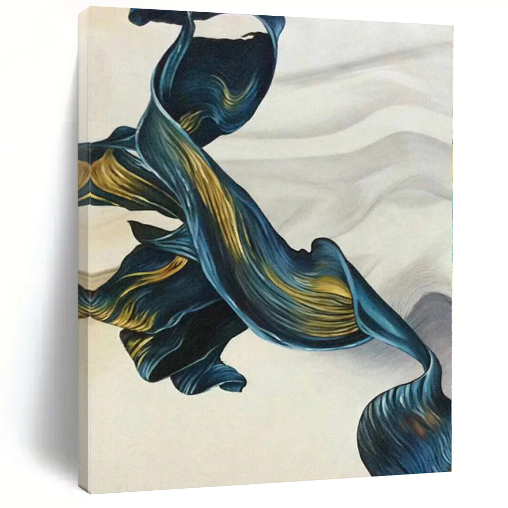 “Flowing Blue - Gold Ribbons” Abstract Acrylic Art CT0301