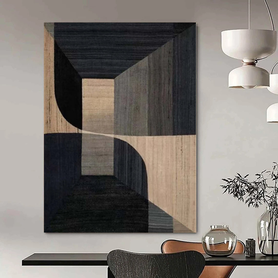 “Geometric Depth in Brown - Black” Abstract Oil Painting CT0136