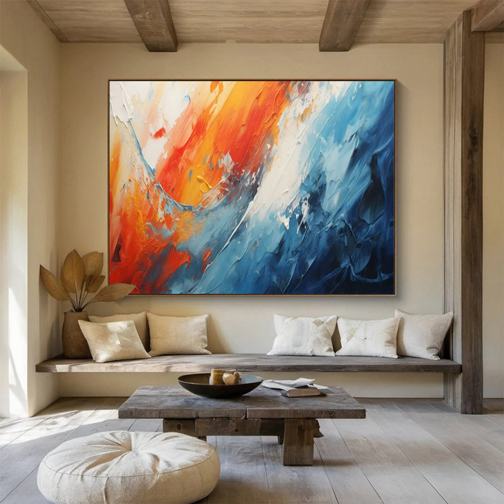 “Fiery Ocean Clash” – Oranges, reds, blues in bold, thick acrylic waves CT1704