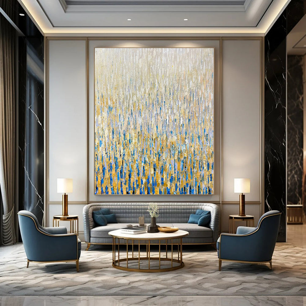 “Gold - Blue Dripping Layers” Abstract Expressionist Acrylic Art CT0195