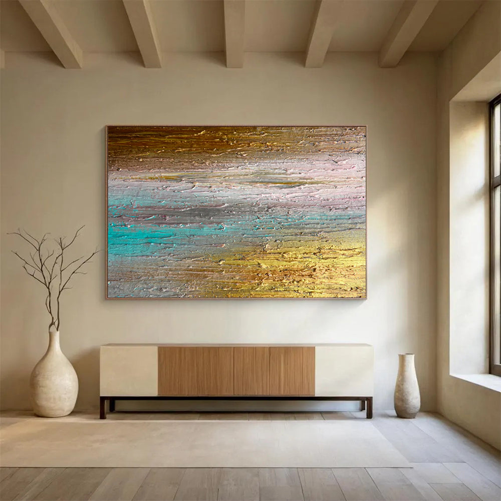 “Sunset Horizons” – Layered golds, teals, pinks in thick, horizontal acrylic strokes CT1691