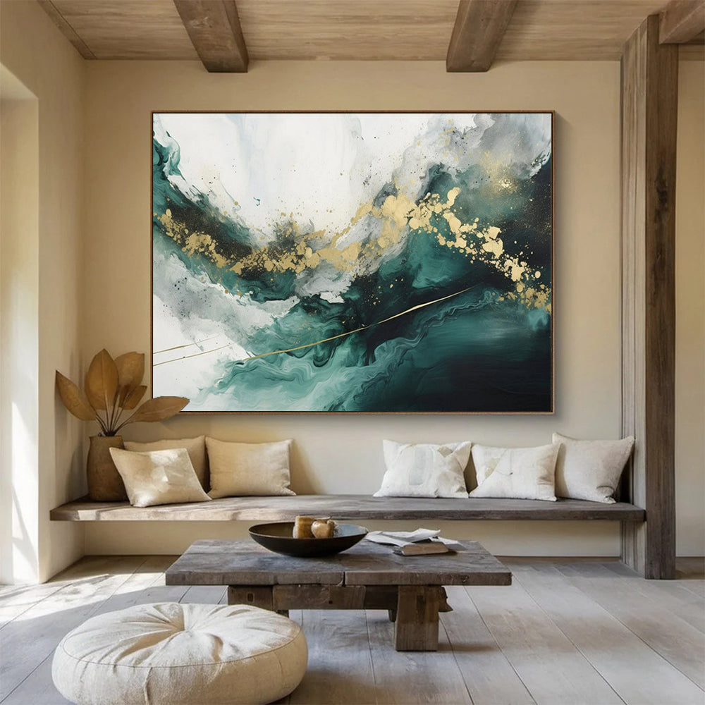 “Teal - Gold Fluid Waves” - Teals, greens, golds; flowing, marble - like abstraction CT1616