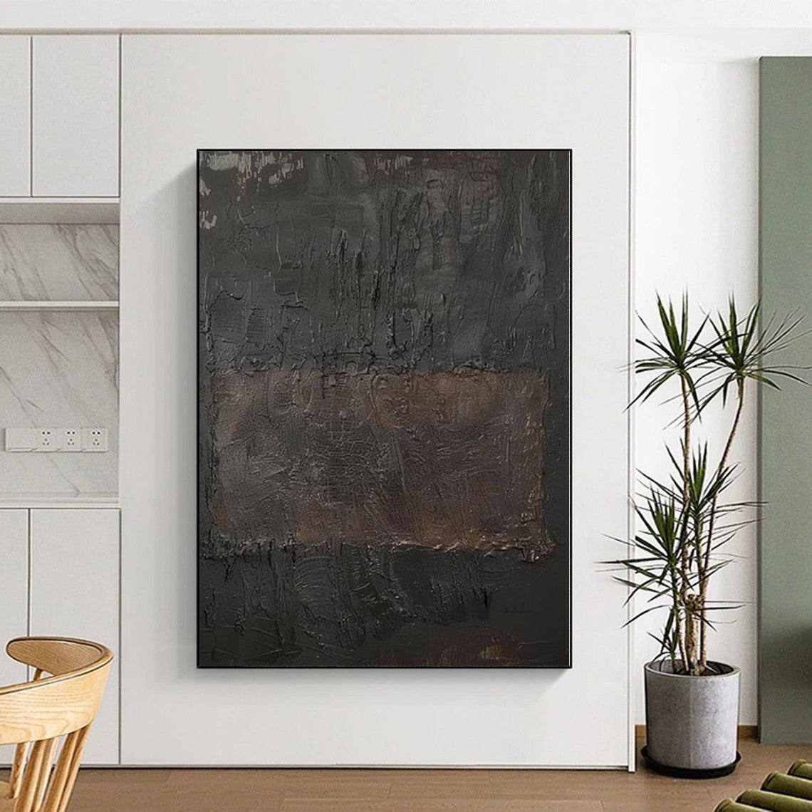 “Dark Textured Rectangle” - Abstract Painting with Deep Browns, Blacks CT0103