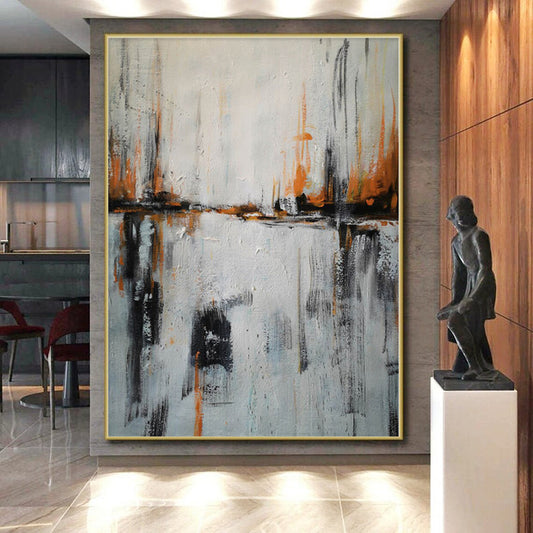 “Orange & Black Strokes on White: City Reflection” - Abstract Landscape Painting CT0384