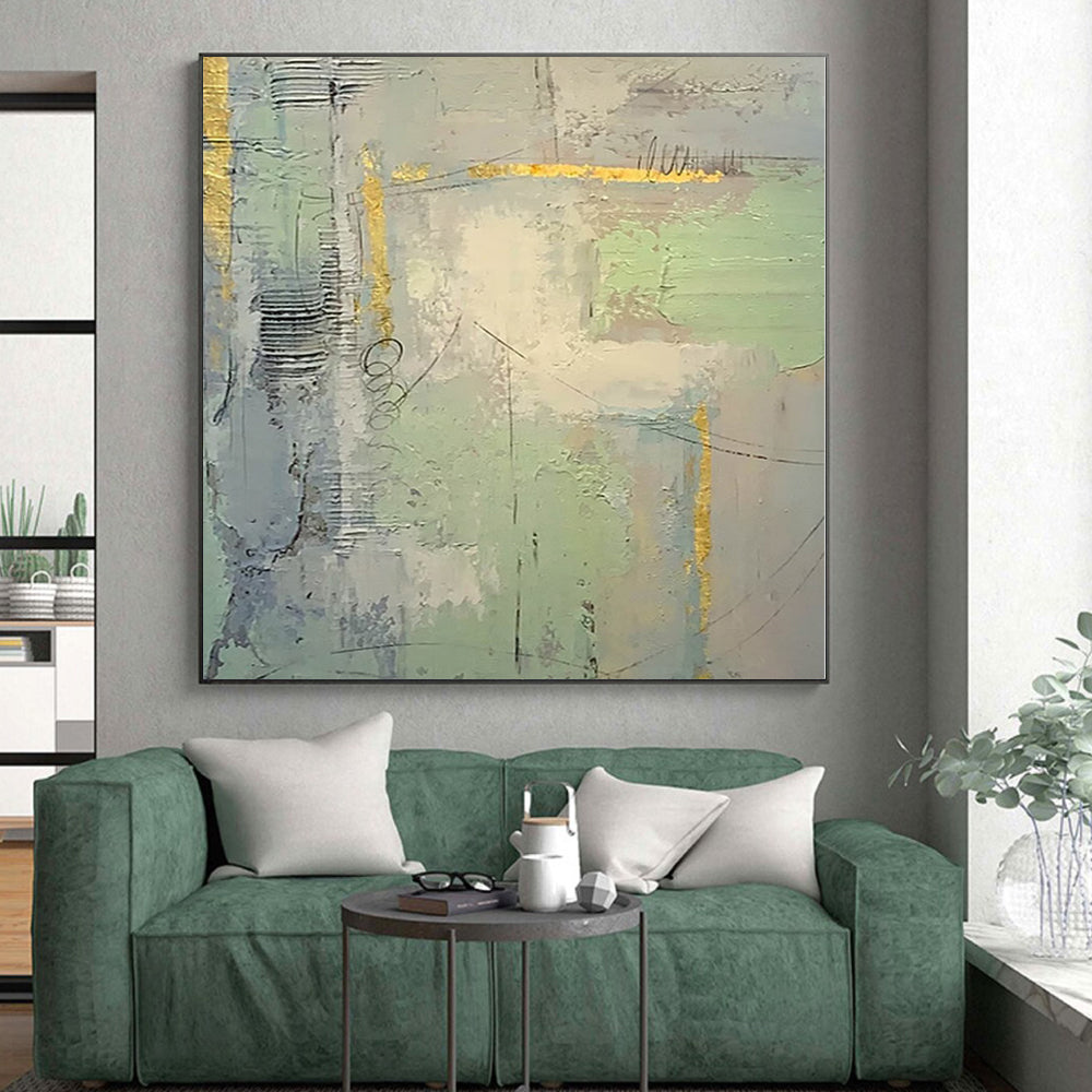 “Grey - Green Abstract with Gold Details”,Textured Abstract Painting CT0374