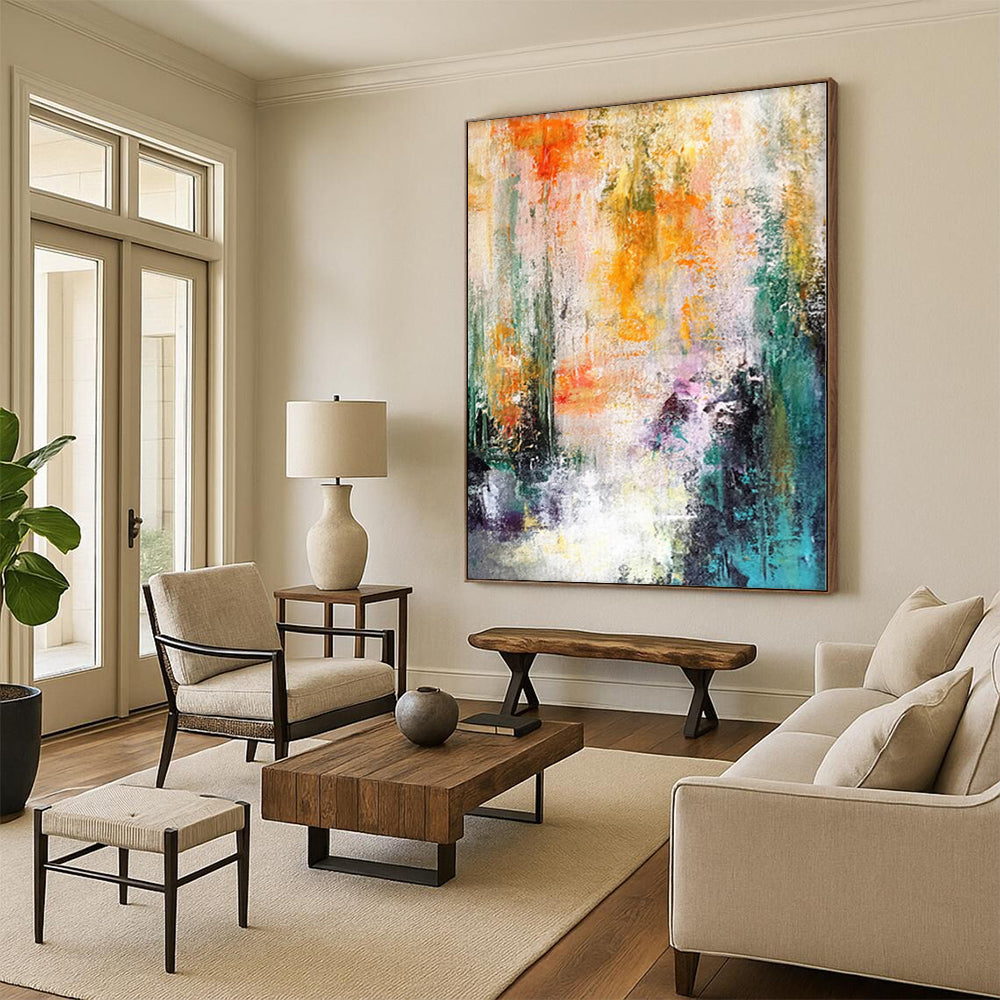 “Sunset Streams” - Abstract Art with Orange, Yellow, Green Vertical Strokes CT0006