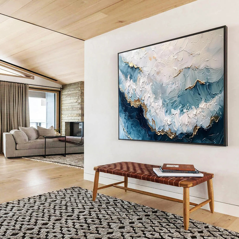 “Textured Ocean Gold” - Blues, whites, golds; thick, impasto ocean waves with metallic accents CT1604