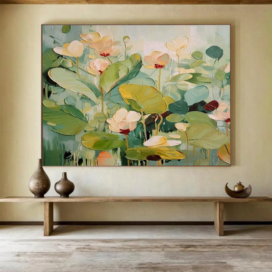 “Lotus Symphony” - Fresh greens, soft pinks, whites; vibrant, layered lotus flowers CT1494