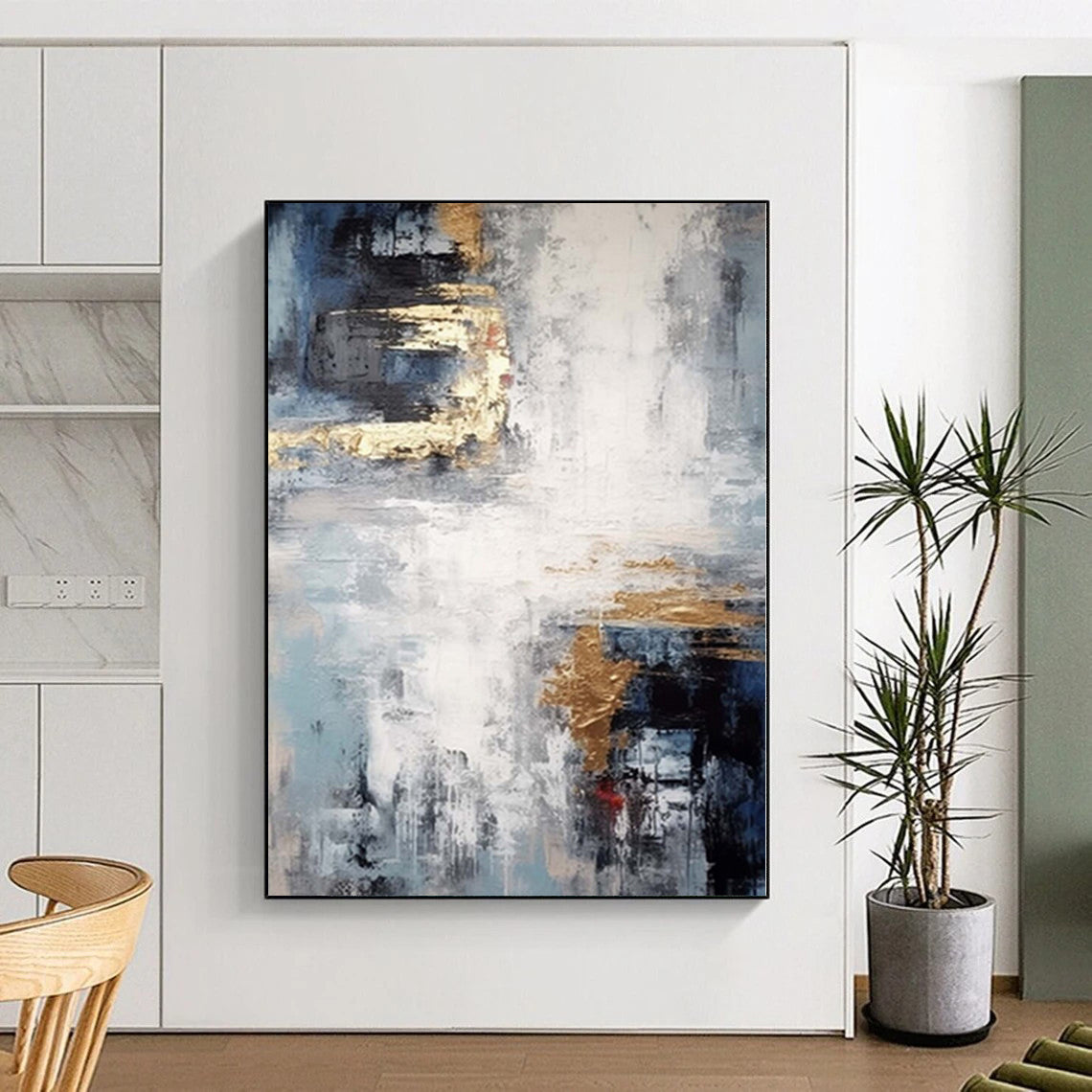 “Blue - Gray - Gold Abstract Mist” Minimalist Acrylic Art CT0237