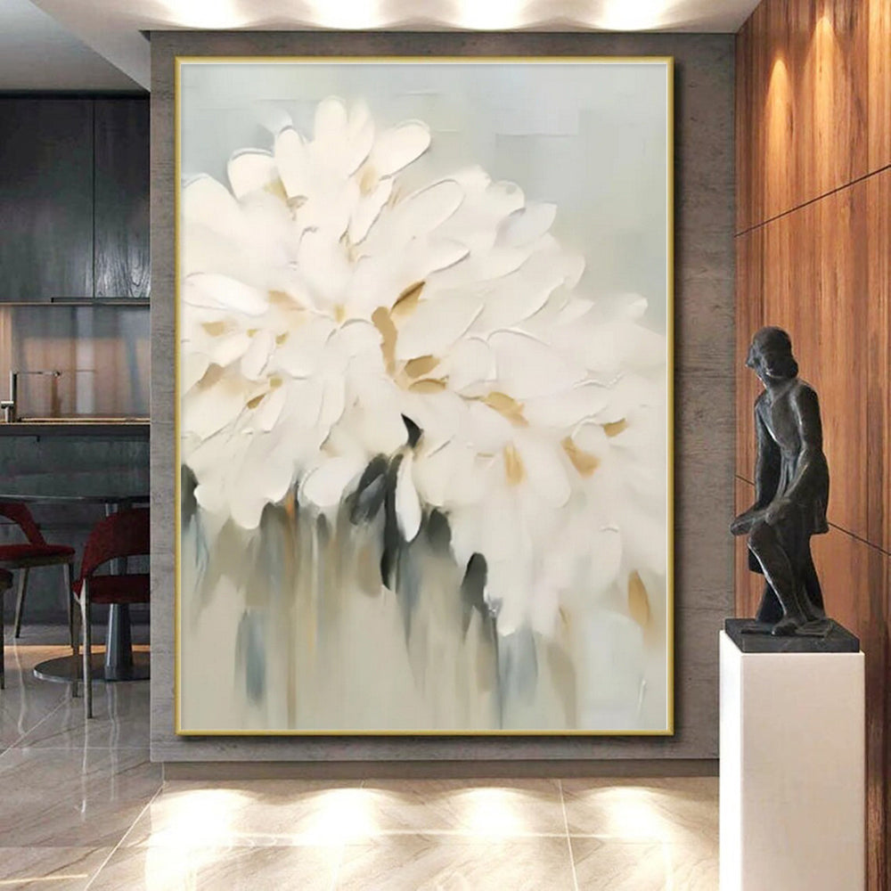 “Textured White Flowers”,Abstract Floral Impasto Painting CT0543